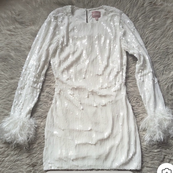 Show Me Your MuMu White Sequin Dress with Feather Cuffs - Picture 4 of 8